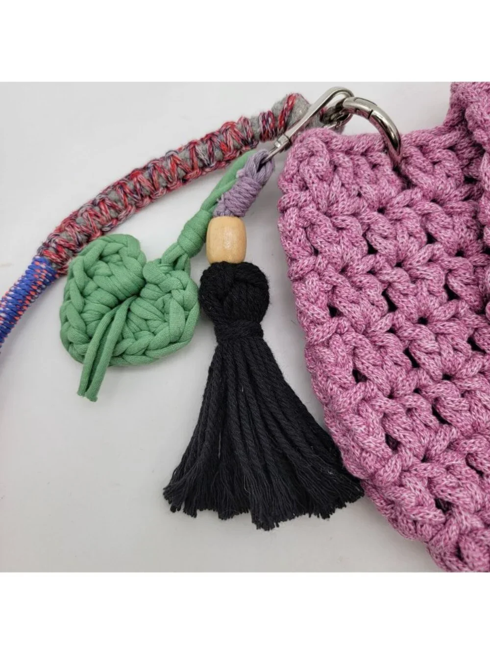 Handcrafted Shooci Crocheted Pink Shoulder Bag w/Yarn Wrap Strap & Tassel Accent - Picture 7 of 10